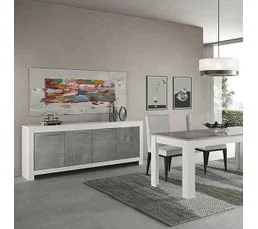 ALTOBUY Ensemble Séjour Blanc Et Gris Marbré Table 160cm + Buffet 4 Portes - Denae