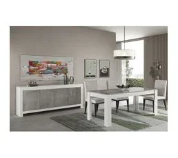 ALTOBUY Ensemble Séjour Blanc Et Gris Marbré Table 160cm + Buffet 4 Portes - Denae