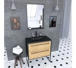 AURLANE Meuble De Salle De Bain 80x50 Cm Noir Mat - 2 Tiroirs - Vasque Résine Noire Effet Pierre + Miroir