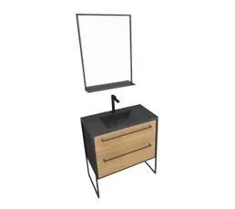 AURLANE Meuble De Salle De Bain 80x50 Cm Noir Mat - 2 Tiroirs - Vasque Résine Noire Effet Pierre + Miroir