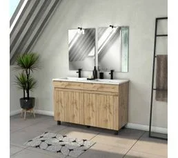 AURLANE Meuble Salle De Bains 120cm 4 Portes Chêne Naturel + Vasque Blanche Et Miroirs Avec Appliques LED