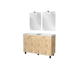 AURLANE Meuble Salle De Bains 120cm 4 Portes Chêne Naturel + Vasque Blanche Et Miroirs Avec Appliques LED