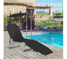 COSTWAY Chaise Longue Pliante Inclinable à 5 Positions Avec Auvent Rotatif à 360°,charge Max 150 Kg, Noir