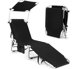 COSTWAY Chaise Longue Pliante Inclinable à 5 Positions Avec Auvent Rotatif à 360°,charge Max 150 Kg, Noir