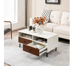 COSTWAY Table Basse 2 Tiroirs, Table Basse Salon Avec 2 Compartiments, Table Rectangulaire, 95 X 48 X 45 Cm