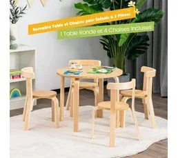COSTWAY Table D'enfant Ronde Avec 4 Chaises Pour Enfants 4 Ans +, Style Scandinave, Naturel