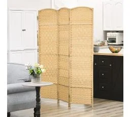 HOMCOM Paravent Intérieur 3 Panneaux Pliables En Bois Style Bohème Tissé
