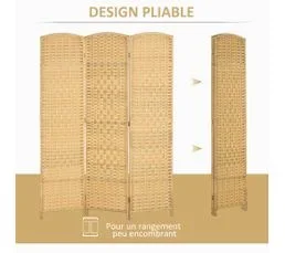HOMCOM Paravent Intérieur 3 Panneaux Pliables En Bois Style Bohème Tissé
