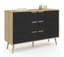 ID MARKET Commode 6 Tiroirs Helsinki 115 Cm Scandinave Effet Hêtre Et Noir
