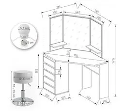 JAD Coiffeuse D'angle Blanche  Avec LED Et Tabouret  110 X 141,5 X 54 Cm (hxlxp)