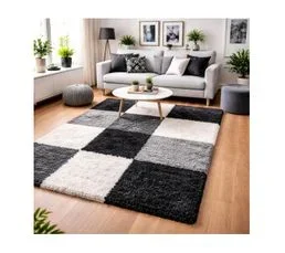 JADOREL Tapis Poils Longs Shaggy 120x170 Rectangle Tissé Gris Et Noir Motif Damier