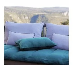 LINNEA Housse De Coussin Prelude 80x80 Cm Finition Biais Noir Face En Lin Lavé Et Dos En Coton Lavé Bleu