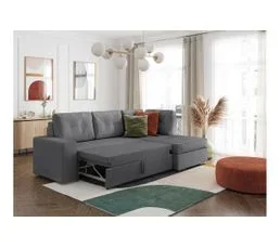 LOUNGITUDE Aden - Canapé D'angle Convertible Avec Coffre En Tissu - Gris - Angle Droit