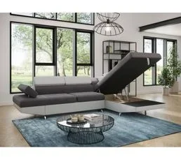 LOUNGITUDE Canapé D'angle Gauche Convertible 5 Places Avec Coffre En Microfibre Et Simili - Gris/blanc