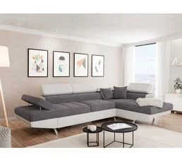 LOUNGITUDE Canapé D'angle Gauche Convertible 5 Places Avec Coffre En Microfibre Et Simili - Gris/blanc