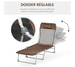 OUTSUNNY Bain De Soleil Transat Pliable Inclinable Acier Teslin