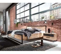 PEGANE Lit Futon Adulte Et 2 Chevets Imitation Chêne Poutre Rechampis Raw Steel - 160 X 200 Cm