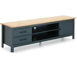 PEGANE Meuble TV En Pin Massif Décor Ciré Chêne Et Bleu, Meuble De Rangement - L. 158 X P. 40 X H. 47 Cm