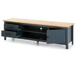 PEGANE Meuble TV En Pin Massif Décor Ciré Chêne Et Bleu, Meuble De Rangement - L. 158 X P. 40 X H. 47 Cm