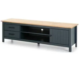 PEGANE Meuble TV En Pin Massif Décor Ciré Chêne Et Bleu, Meuble De Rangement - L. 158 X P. 40 X H. 47 Cm