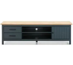 PEGANE Meuble TV En Pin Massif Décor Ciré Chêne Et Bleu, Meuble De Rangement - L. 158 X P. 40 X H. 47 Cm