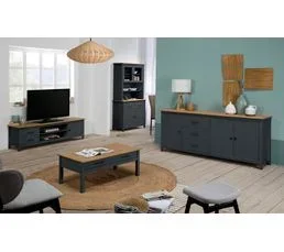 PEGANE Meuble TV En Pin Massif Décor Ciré Chêne Et Bleu, Meuble De Rangement - L. 158 X P. 40 X H. 47 Cm