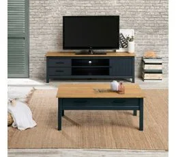 PEGANE Meuble TV En Pin Massif Décor Ciré Chêne Et Bleu, Meuble De Rangement - L. 158 X P. 40 X H. 47 Cm