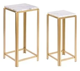 PEGANE Set De 2 Table D'appoint Carrée En Métal Doré Et Marbre Blanc - L. 33/27 X P. 33/27 X H. 70/62 Cm