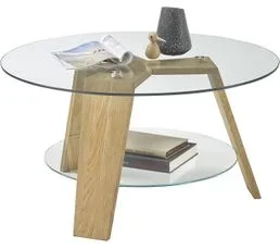 PEGANE Table Basse Ronde En Verre Clair Et Chêne Massif - L.75 X H.40 X P.75 Cm