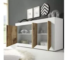 PRICE FACTORY Buffet 3 portes, collection CISA, coloris blanc et chêne clair.