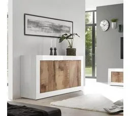 PRICE FACTORY Buffet 3 portes, collection CISA, coloris blanc et chêne clair.