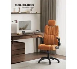 SONGMICS Chaise De Bureau, Accoudoirs Pliables, Roulettes Auto-bloquantes, Hauteur Réglable, Marron Caramel