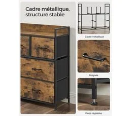 SONGMICS Commode 7 Tiroirs En Tissu, Meuble De Rangement, Style Industriel, Marron Rustique, Noir