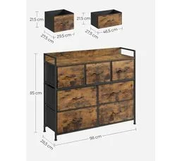 SONGMICS Commode 7 Tiroirs En Tissu, Meuble De Rangement, Style Industriel, Marron Rustique, Noir