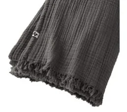 TERRE DE NUIT Plaid Gaze De Coton à Franges Gris Anthracite 180x220 Cm