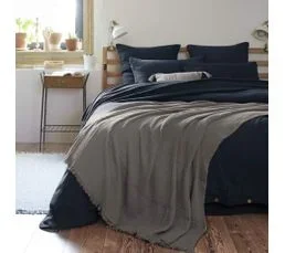 TERRE DE NUIT Plaid Gaze De Coton à Franges Gris Anthracite 180x220 Cm