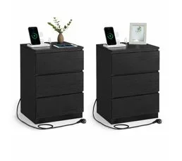 VASAGLE Table De Chevet Avec Multiprise, Lot De 2, Table D’appoint Avec 3 Tiroirs, 2 Prises Ca, Noir Boisé